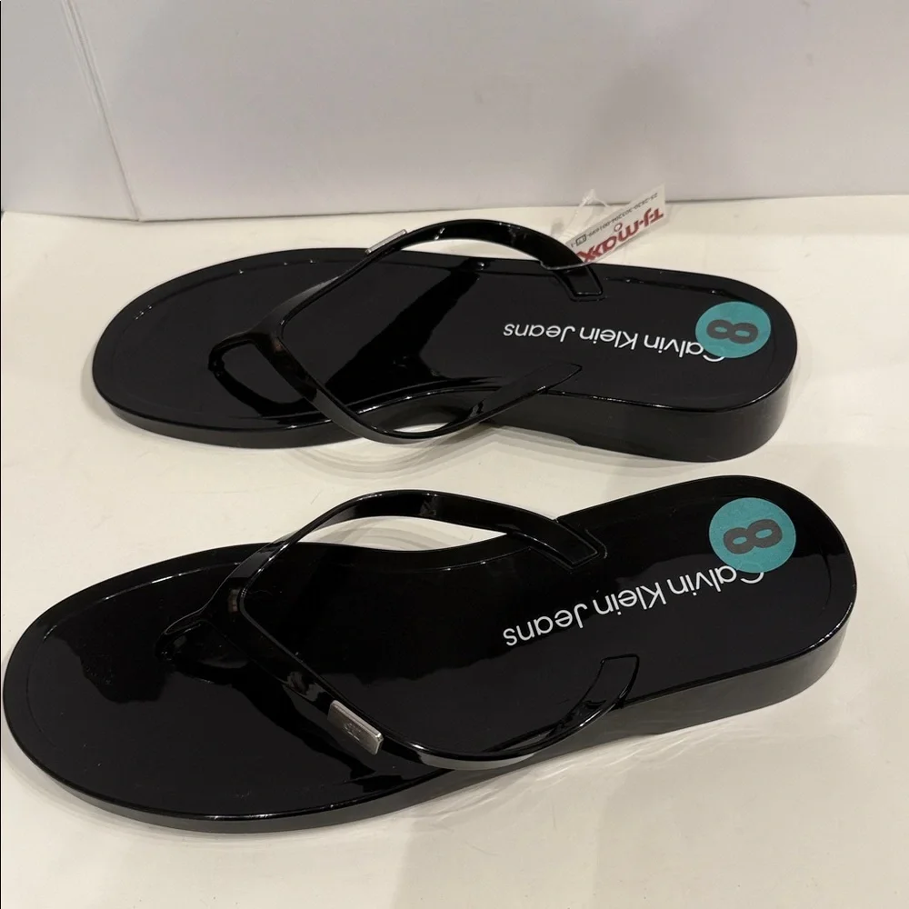 Calvin Klein Jeans Glossy Black Flip Flops thong sandals Women's NEW with tag - Picture 4 of 13
